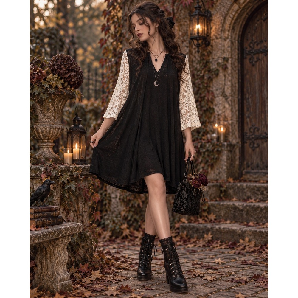 Umgee USA Black Lace Sleeve Babydoll Dress Boho Gothic A2247 Small